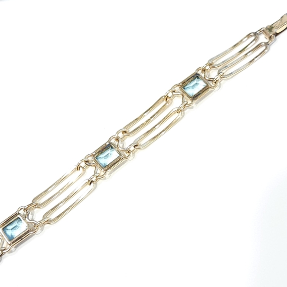 Sturdy 12K Gold Filled Blue Glass Faux Topaz Art Deco Vintage Bracelet 40s 50s - Picture 14 of 16